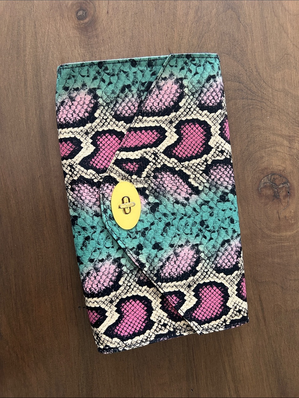 H&M Teal and Pink Snake-Print Card & Key Holder with Gold Clasp